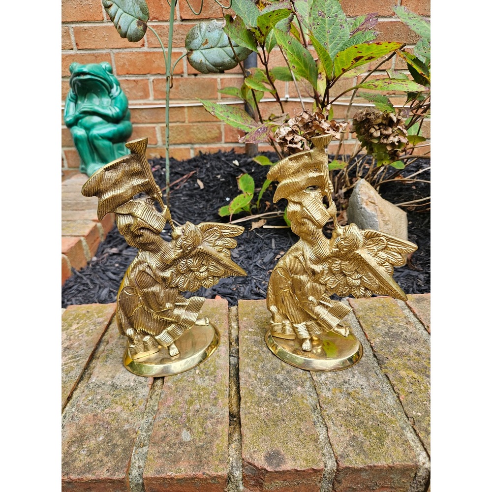 Vintage Pair of Brass Holiday Trumpeting Angel Candle Holders 8"